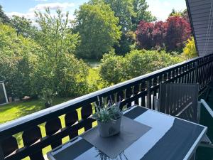 un tavolo con una pianta in vaso sul balcone di Ferienwohnung Wiesenblick a Lübbenau