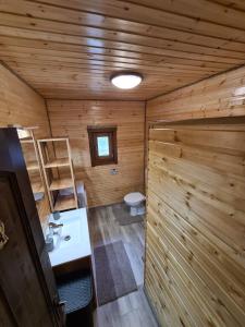 baño con paredes de madera, lavabo y aseo en Cabana Niki-Rum Haz en Bucin