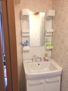 a bathroom with a sink and a mirror at The Familiar Inn ー 旅館ホテル業 in Osaka