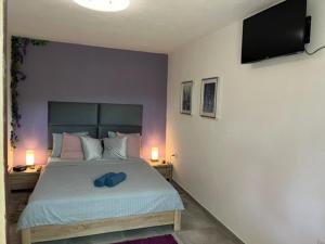 a bedroom with a bed with a blue hat on it at Apartment Ines in Splitska +17 photos