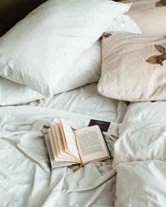 an open book on a bed with pillows at Casa Lila in Mendoza