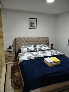 a bedroom with a bed with a blue blanket and pillows at Milica 2 in Crni Vrh