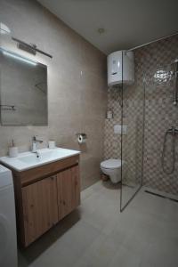 bagno con lavandino, doccia e servizi igienici di APARTMENTs VISIT PERAST a Perast