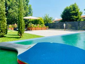 a swimming pool with a blue mat on top of it at Sul VenTo del Po in Melara