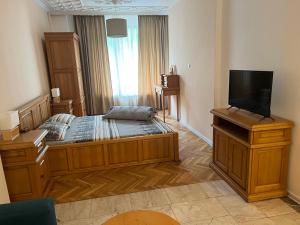 um quarto amplo com uma cama grande e uma televisão de ecrã plano. em Stivan Iskar Hotel em Sófia