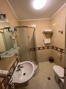 uma casa de banho com um lavatório, um chuveiro e um WC. em Hotel Lalov Egrek em Lozenets