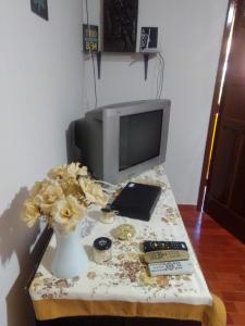 a table with a vase of flowers and a tv at Mangaratiba Lazer e paz na Mata Atlântica in Mangaratiba