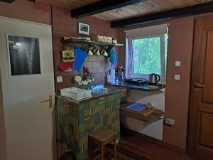 małą kuchnię ze zlewem i oknem w obiekcie Śródziemie Rohan w mieście Leśno