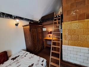 a room with a bed and a ladder and a desk at Śródziemie Rohan in Leśno
