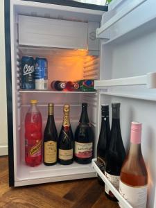 einen Kühlschrank mit vielen Flaschen Wein in der Unterkunft Apartmán Monstera in Kolín