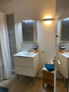 een witte badkamer met een wastafel en een douche bij Joli appartement meublé in Annecy