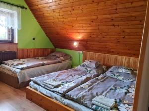 two beds in a room with green walls and wooden ceilings at Chalupa Zvičina 