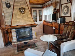 - un salon avec une cheminée et une table dans l'établissement Chalupa Zvičina, 