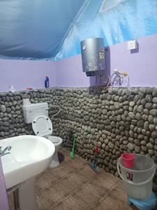 a bathroom with a sink and a toilet with a rock wall at Baspa Valley Adventure Camp in Saturang