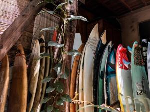a group of surfboards lined up against a wall at PointBreak Surfhouse in Puerto Escondido