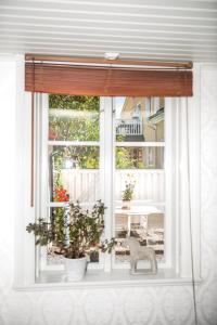 une fenêtre avec un rideau et une plante devant elle dans l'établissement Johannas GuestHouse, à Söderköping