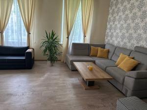 a living room with a couch and a coffee table at Apartamenti DVINSKA in Daugavpils