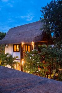 a house with a thatched roof at night at Aldeia dos Corais - Taipu de Fora in Barra Grande