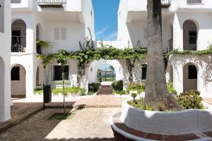 a courtyard of a white building with a palm tree at Barrosa Primera línea de playa in Chiclana de la Frontera