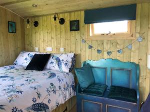 コーウェンにあるThe Peacock Shepherds Hut at Hafoty Boethのベッドと窓のある寝室
