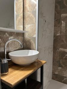 a bathroom with a white bowl sink on a wooden counter at Slovenian House Vida in Bled