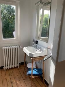 a bathroom with a sink and a mirror and a radiator at La suite de la Villa Plume 