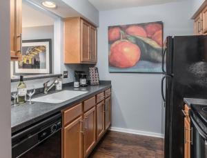 a kitchen with a sink and a black refrigerator at Captain's Quarters Riverfront #3 in Nashville