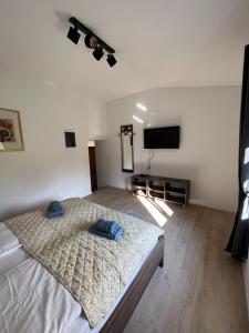 a bedroom with a bed and a flat screen tv at Slovenian House Vida in Bled