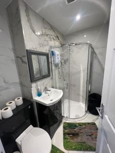a bathroom with a shower and a toilet and a sink at City West Apartments 3 bedroom large & modern Apartment in Newcastle upon Tyne