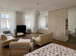 a bedroom with a bed and a living room with a tv at Palác Daun - Studio Apartments in Znojmo