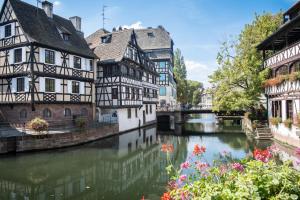 a river in a town with buildings and flowers at CityKamp Strasbourg in Strasbourg
