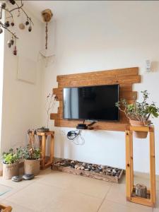 ein Wohnzimmer mit einem Flachbild-TV an der Wand in der Unterkunft צמח בר in Midreshet Ben Gurion