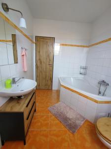 ein Badezimmer mit einer Badewanne und einem Waschbecken in der Unterkunft Ubytování Ema in Valtice