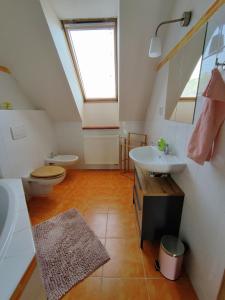 ein Bad mit einem Waschbecken, einem WC und einem Fenster in der Unterkunft Ubytování Ema in Valtice