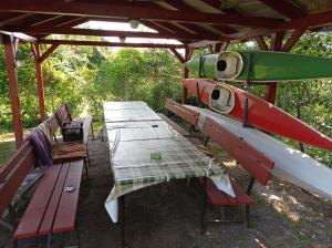einen Picknicktisch und Stühle unter einem Schuppen mit Flugzeug in der Unterkunft Partifecske Vendégház in Tiszafüred