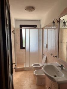 La salle de bains est pourvue de toilettes, d'un lavabo et d'une douche. dans l'établissement Agriturismo Pian di Farinello, à Casa Pallini