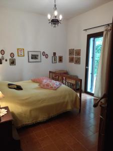 een slaapkamer met een bed, een raam en een kroonluchter bij La Casa di Cesarina in Celle sul Rigo