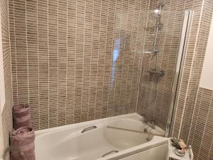 a bathroom with a shower and a tub with a sink at Rothwell in Swansea