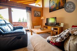 a living room with a couch and a television at Chalet Ovronne in Ovronnaz