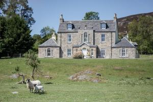 twee schapen die voor een groot stenen huis staan bij Kincraig House - Seasgair Lodges in Kincraig