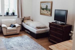 a small living room with a couch and a tv at Gemütliches Gästezimmer in Eickeloh +23 photos