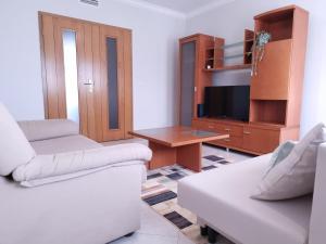 a living room with two white couches and a television at Casa Pedra da Nau- 2 bedroom APT @Figueira da Foz in Buarcos