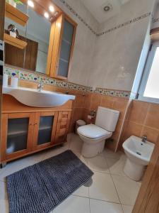 a bathroom with a sink and a toilet and a mirror at Casa Pedra da Nau- 2 bedroom APT @Figueira da Foz in Buarcos