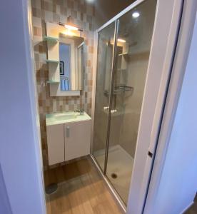 a bathroom with a shower and a sink at Apartamentos Sinás Playa in Raxó +49 photos