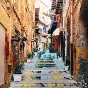 un conjunto de escaleras en un callejón con plantas en La Perla dei Templi en Agrigento