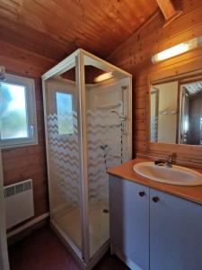 ein Bad mit einer Dusche und einem Waschbecken in der Unterkunft Oasis des Garrigues in Vogüé