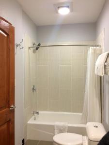 a bathroom with a tub and a toilet and a shower at FairBridge Inn & Suites Gateway to Yosemite in Merced