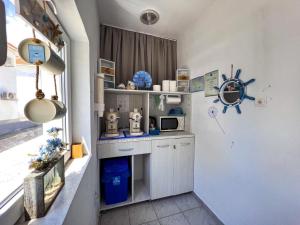 a small kitchen with a counter and a microwave at Vila Ithea in 2 Mai