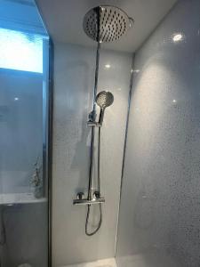 een douche in een badkamer met een glazen deur bij Bexhill Stunning 2 bedroom Sea Front Bungalow in Bexhill