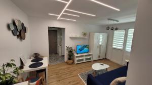 un salon avec un canapé bleu et une télévision dans l'établissement BRB Park Studio, à Cluj-Napoca